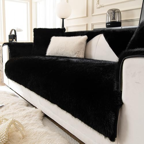 moismk Plüsch Sofabezug L Form 2/3/4 Sitzer Sofa Überzug Ecksofa U Form, Universelle rutschfeste Sofaschoner, Superweiche SofaÜberwurf aus Kunstpelz für Wohnzimmer(Black,70x180cm/1PC) von moismk