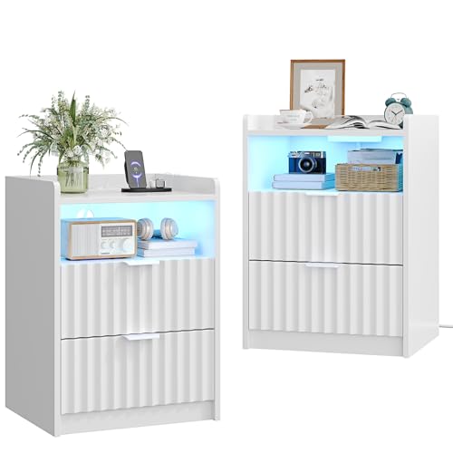 mojiasion Nachttisch 2er Set weiß mit USB-Ladestation & LED-Beleuchtung – 2 Schubladen + 1 Fach – Moderner Nachtschrank Weiss-Set als Beistelltisch/Couchtisch für Schlafzimmer & Wohnzimmer mojiasion Nachttisch 2er Set weiß mit USB-Ladestation & LED-Beleuchtung – 2 Schubladen + 1 Fach – Moderner Nachtschrank Weiss-Set als Beistelltisch/Couchtisch für Schlafzimmer & Wohnzimmer von mojiasion