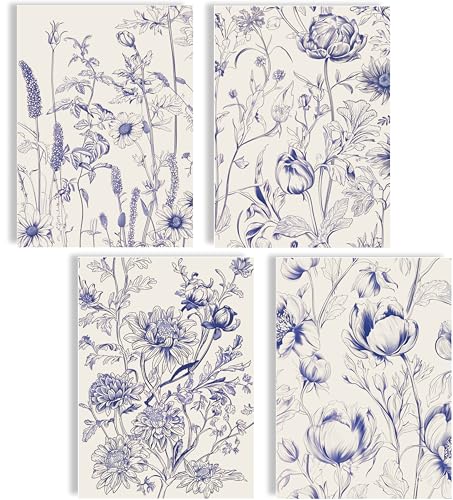 Boho Bilder Set Poster Deko Set Bilder Wanddeko Abstrakte Poster Aesthetic Bilderset Yoga Wandbilder Wohnzimmer Blumen (Blue Botanic, Posterset 4x A4 (21x30cm) | ohne Rahmen) von mojoliving