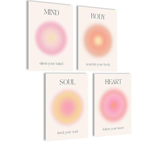 Boho Bilder Set Poster Deko Set Bilder Wanddeko Abstrakte Poster Aesthetic Bilderset Yoga Wandbilder Wohnzimmer Blumen (Set Aura Soul Heart Mind Body, Posterset 4x A4 (21x30cm) | ohne Rahmen) von mojoliving
