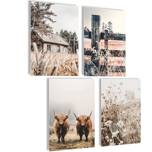 KÜCHE Deko Wandbilder Sprüche Poster Set mit Bilderrahmen A4 (Hochlandrind Bild, 4x A4 | ohne Rahmen) von mojoliving