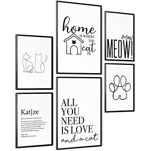 mojoliving® Moderne Wandbilder Poster Set | Katze Bilder Collage Wanddeko Wohnzimmer | 2x A3 und 4x A4 ohne Bilderrahmen | Wand Deko Schlafzimmer Fotowand MS2 von mojoliving