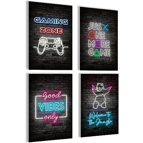 mojoliving Gaming Zimmer Deko Bilder | Poster Wand für Gamer Jugendzimmer | Set mit Neon Sign Motive | Coole Geschenke für Gamer | Zocker Bilder Wand | Neon Wandbild von mojoliving