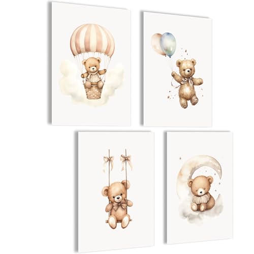 mojoliving Bilder Kinderzimmer jungen Baby Zimmer Poster Set Wandbilder Kinderzimmer mädchen Babyzimmer Deko Bilder für Baby Zimmer Dekoration (Set Teddy) von mojoliving
