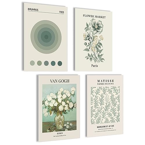 mojoliving Moderne Bilder Blumen Poster Set | Bilder Grün | Bilder Schlafzimmer | Matisse Poster Set | Flower Market Poster Wanddeko grün | 4x A4 ohne Rahmen von mojoliving