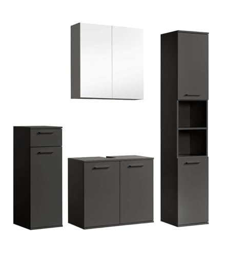 mokebo® Badmöbel Set 4-teilig aus Holz 'Der Steuermann', Badezimmer Set oder Komplettset mit Unterschrank, Beistellschrank, Spiegelschrank und Hochschrank, Badezimmerschränke in Anthrazit-Schwarz von mokebo
