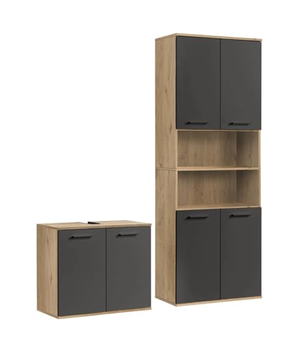 mokebo® Badmöbel Set 2-teilig aus Holz 'Der Steuermann', Badezimmer Set oder Komplettset mit Waschbeckenunterschrank und Badezimmerschränke oder Badmöbel Garnitur in Eiche-Schwarz von mokebo