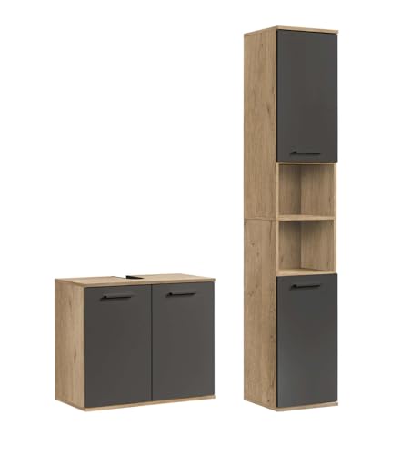 mokebo® Badmöbel Set 2-teilig aus Holz 'Der Steuermann', Badezimmer Set oder Komplettset mit Waschbeckenunterschrank und Hochschrank, Badezimmerschränke oder Badmöbel Garnitur in Eiche-Schwarz von mokebo