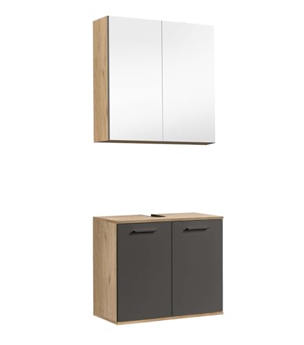 mokebo® Badmöbel Set 2-teilig aus Holz 'Der Steuermann', Badezimmer Set oder Komplettset mit Waschbeckenunterschrank und Spiegelschrank, Badezimmerschränke oder Badmöbel Garnitur in Eiche-Schwarz von mokebo