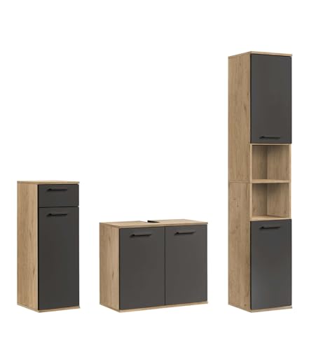 mokebo® Badmöbel Set 3-teilig aus Holz 'Der Steuermann', Badezimmer Set oder Komplettset mit Unterschrank, Beistellschrank & Hochschrank, Badezimmerschränke oder Badmöbel Garnitur in Eiche-Schwarz von mokebo