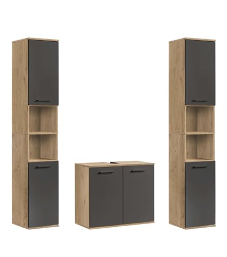 mokebo® Badmöbel Set 3-teilig aus Holz 'Der Steuermann', Badezimmer Set oder Komplettset mit Unterschrank und Zwei Hochschränken, Badezimmerschränke oder Badmöbel Garnitur in Eiche-Schwarz von mokebo
