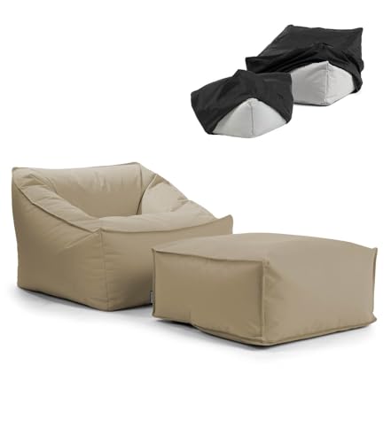 mokebo® Gartensessel mit Pouf 'Der Sunnyboy' und Schutzhülle, Bean Bag mit Hcoker und Füllung oder Outdoor Sitzsack, als Liegekissen, Relaxliege oder Liege in Khaki von mokebo