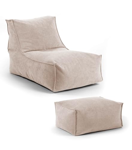 mokebo® Sitzsack mit Hocker für Kinder & Erwachsene 'Der Sundowner', Bean Bag mit EPS-Perlen Füllung, Relaxliege für drinnen, Sitzkissen, Bodenkissen, Bodensessel, Liege aus Stoff in beige von mokebo