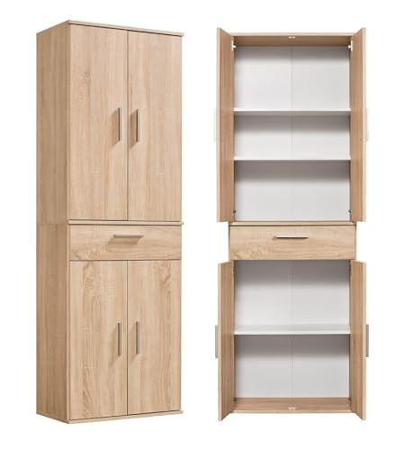 mokebo® Mehrzweckschrank 60cm Breite mit Schubladen 'Der Praktische' Büroschrank groß, Schuhschrank hoch, Garderobenschrank, Hochschrank, Vorratsschrank & Apothekerschrank Küche in Braun Sonoma Eiche von mokebo