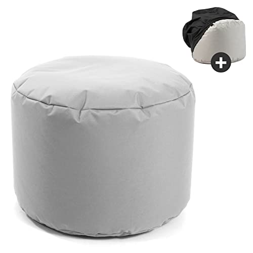 mokebo® Outdoor Pouf o. Hocker 60x40cm in Grau mit schwarzer Schutzhülle 'Der Ruhepouf', Sitzhocker, Fußhocker o. Sitzkissen rund mit EPS-Perlen Füllung und Cover, wasserabweisender Schutz durch Hülle von mokebo