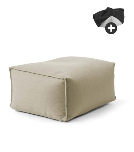 mokebo® Outdoor Pouf o. Hocker für Balkon & Garten 'Der Ruhestifter' Sitzhocker eckig, Bodenkissen, Sitzwürfel, Sitzpouf, Fußhocker & Beistelltisch mit EPS-Perlen Füllung in Sand von mokebo
