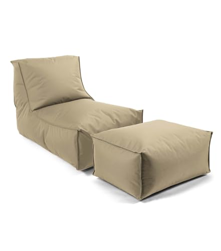 mokebo® Sitzsack Outdoor mit Hocker für Kinder & Erwachsene 'Der Sundowner', Bean Bag mit Füllung, Bodenkissen, Relaxliege für Balkon + Garten, wetterfest mit Schutzhülle, Beige-Khaki von mokebo