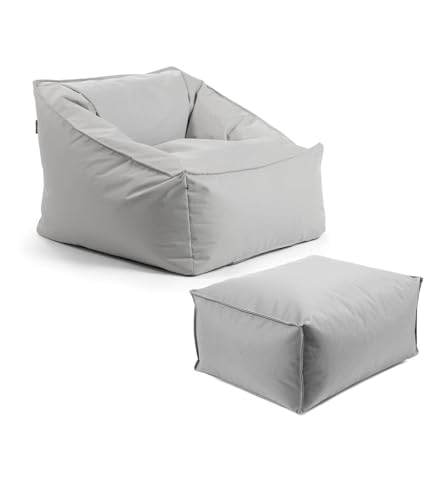 mokebo® Gartensessel mit Pouf 'Der Sunnyboy', Bean Bag mit Hocker und Füllung oder Outdoor Sitzsack, Gartenliege, als Liegekissen, Relaxliege oder Liege in Hellgrau von mokebo