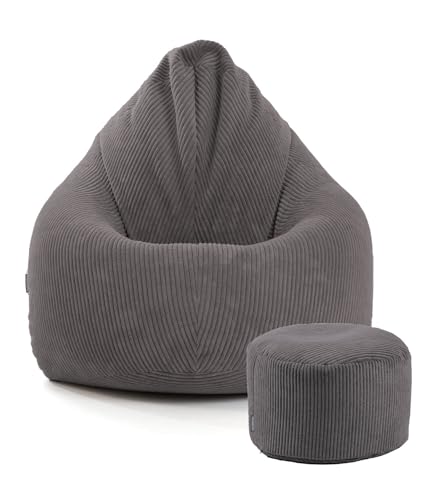 mokebo® Sitzsack Cord XXL mit Hocker für Kinder & Erwachsene in Anthrazit 'Der Tagträumer', Set aus Indoor Bean Bag und Pouf, auch als Bodenkissen, Sitzkissen, Liegekissen mit EPS-Perlen Füllung von mokebo