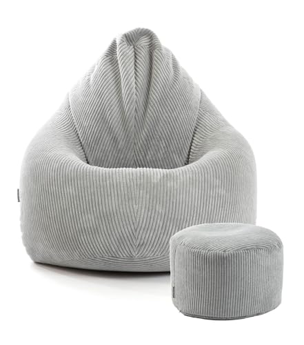 mokebo® Sitzsack Cord XXL mit Hocker für Kinder & Erwachsene in Grau 'Der Tagträumer', Set aus Indoor Bean Bag und Pouf, auch als Bodenkissen, Sitzkissen, Liegekissen mit EPS-Perlen Füllung von mokebo