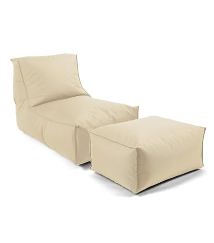 mokebo® Sitzsack Outdoor mit Hocker für Kinder & Erwachsene 'Der Sundowner', Bean Bag mit Füllung, Bodenkissen, Relaxliege, Liege für Balkon + Garten, wetterfest mit Schutzhülle, Hellbeige von mokebo