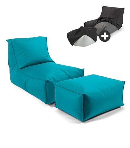 mokebo® Sitzsack Outdoor mit Hocker & Schutzhülle für Kinder & Erwachsene 'Der Sundowner', Bean Bag mit Füllung, Relaxliege, Liege für Balkon & Garten, Schutz durch wetterfeste Hülle, Petrol von mokebo