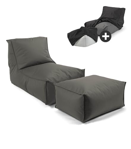 mokebo® Sitzsack Outdoor mit Hocker & Schutzhülle für Kinder & Erwachsene 'Der Sundowner', Bean Bag mit Füllung, Relaxliege, Liege für Balkon & Garten, Schutz durch wetterfeste Hülle, Anthrazit von mokebo