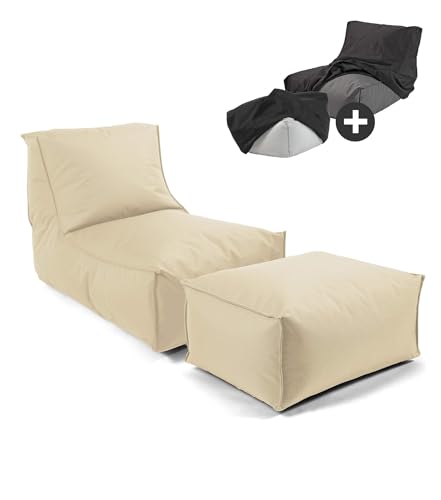 mokebo® Sitzsack Outdoor mit Hocker & Schutzhülle für Kinder & Erwachsene 'Der Sundowner', Bean Bag mit Füllung, Relaxliege, Liege für Balkon & Garten, Schutz durch wetterfeste Hülle, Hellbeige von mokebo