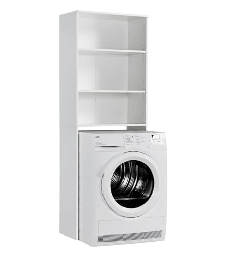 mokebo® Waschmaschinenschrank für Waschmaschinen & Trockner 'Der Saubermann', Überbau oder Überbauregal in Weiß aus Holz, auch als Toilettenregal oder WC-Regal in 65x180x34cm (B/H/T) von mokebo