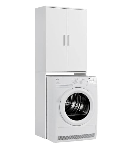 mokebo® Waschmaschinenschrank für Waschmaschinen & Trockner 'Der Saubermann', Überbau oder Überbauschrank mit Türen in Weiß aus Holz, auch als Toilettenregal oder WC-Regal in 65x180x34cm (B/H/T) von mokebo