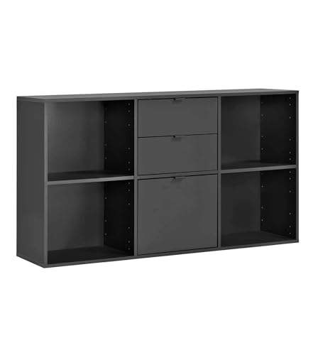 mokebo Aktenregal oder Raumteiler Regal in Schwarz 'Der Verstauer', Holzregal mit Schubladen & Fächern, Bücherregal oder Würfelregal fürs Büro, Regal fürs Kinderzimmer in 132x75x35 (B/H/T in cm) von mokebo