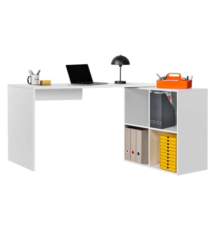 mokebo Eckschreibtisch groß in Weiß mit Stauraum 'Der Produktive', auch als Schreibtisch, Computertisch oder Arbeitstisch im Büro, Kinderschreibtisch oder Gaming Tisch in 145x77x65 (B/H/T in cm) von mokebo