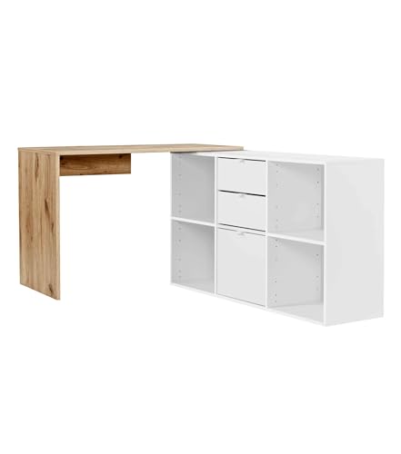 mokebo Eckschreibtisch klein in Eiche/Weiß mit Schubladen & Fächern 'Der Produktive', auch als Schreibtisch oder Arbeitstisch im Büro, Kinderschreibtisch oder Gaming Tisch 112x77x54 (B/H/T in cm) von mokebo