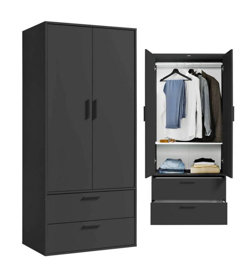 mokebo Kleiderschrank Der Kleiderheld (80x180x51 cm, 2-türig, 2 Schubladen & 2 Einlegeböden) Garderobenschrank, Schlafzimmerschrank oder Schrank in Schwarz von mokebo
