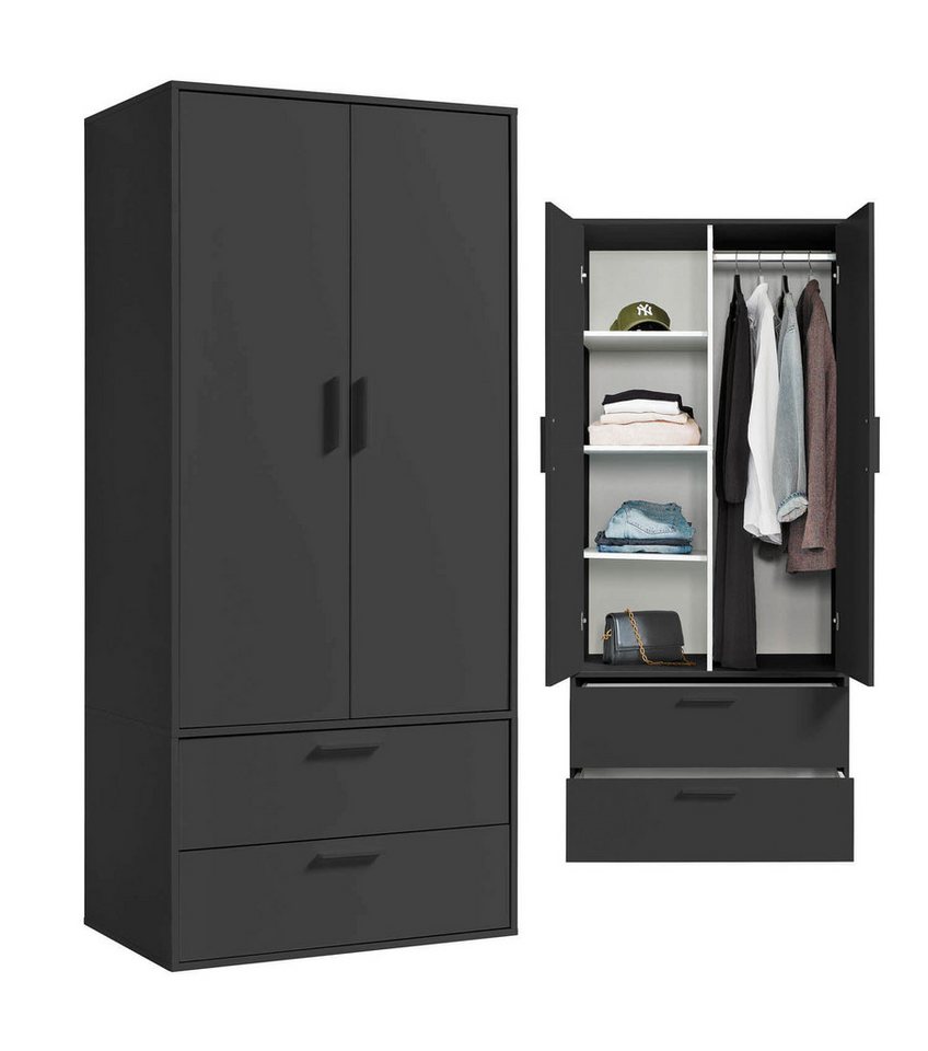 mokebo Kleiderschrank Der Kleiderheld (80x180x51 cm, 2-türig, 2 Schubladen & 4 Fächer) Garderobenschrank, Schlafzimmerschrank oder Schrank in Schwarz von mokebo