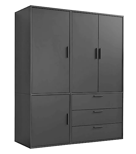 mokebo Kleiderschrank groß in Schwarz 4-türig & 3 Schubladen 'Der Grenzenlose' Schlafzimmerschrank modular & kombinierbar, Garderobenschrank, Flurschrank, Drehtürenschrank, Schrank 150x187x58 (BxHxT) von mokebo