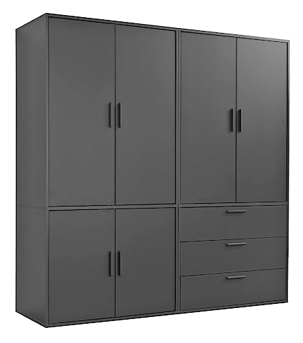 mokebo Kleiderschrank groß in Schwarz 6-türig & 3 Schubladen 'Der Grenzenlose' Schlafzimmerschrank modular & kombinierbar, Garderobenschrank, Flurschrank, Drehtürenschrank, Schrank 180x187x58 (BxHxT) von mokebo