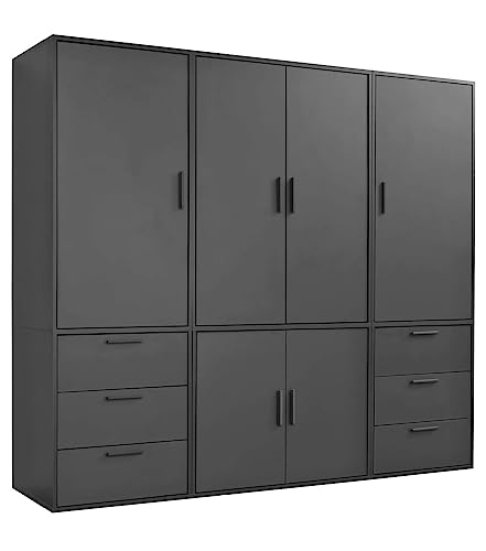 mokebo Kleiderschrank groß in Schwarz 6-türig & 6 Schubladen 'Der Grenzenlose' Schlafzimmerschrank modular & kombinierbar, Garderobenschrank, Flurschrank, Drehtürenschrank, Schrank 210x187x58 (BxHxT) von mokebo