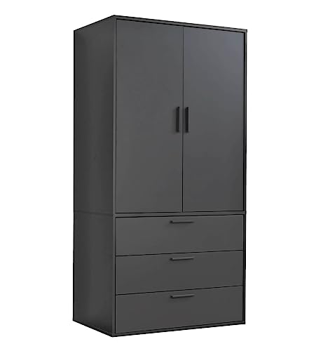 mokebo Kleiderschrank klein in Schwarz 2-türig & 3 Schubladen 'Der Grenzenlose', modularer Schlafzimmerschrank, Garderobenschrank, Flurschrank, Drehtürenschrank o. Schrank Holz in 90x187x58 (BxHxT) von mokebo