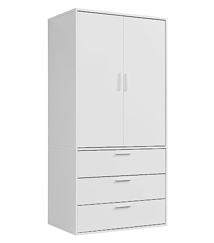 mokebo Kleiderschrank klein in Weiß 2-türig & 3 Schubladen 'Der Grenzenlose', modularer Schlafzimmerschrank, Garderobenschrank, Flurschrank, Drehtürenschrank o. Schrank aus Holz in 90x187x58 (BxHxT) von mokebo