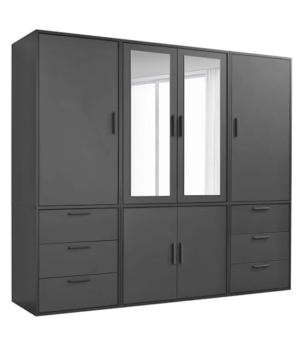 mokebo Kleiderschrank mit Spiegeltüren 6-türig & 6 Schubladen 'Der Grenzenlose', Spiegelschrank, Schlafzimmerschrank, Garderobenschrank mit Spiegel in Schwarz, Schrank aus Holz in 210x187x58 (BxHxT) von mokebo