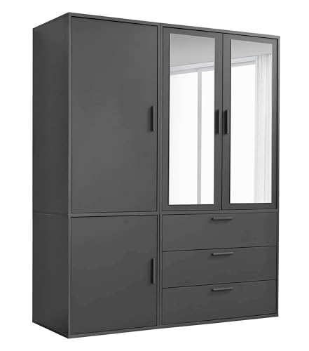 mokebo Kleiderschrank mit Spiegeltüren 4-türig & 3 Schubladen 'Der Grenzenlose', Spiegelschrank, Schlafzimmerschrank, Garderobenschrank mit Spiegel in Schwarz, Schrank aus Holz in 150x187x58 (BxHxT) von mokebo