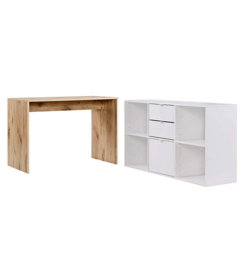 mokebo Schreibtisch Der Produktive (mit 2 Schubkästen & 1 Tür), PC Tisch klein in Eiche/Weiß, auch als Arbeitstisch mit Stauraum von mokebo