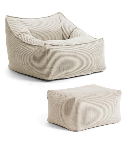 mokebo Sitzsack Sessel mit Hocker aus Cord 'Der Lümmel', XXL Sitzsack, Cord Sessel oder Sitz Sessel für Wohnzimmer und Wintergarten, auch als Riesensitzsack in 83x73x60 (BxHxT in cm) in Beige von mokebo