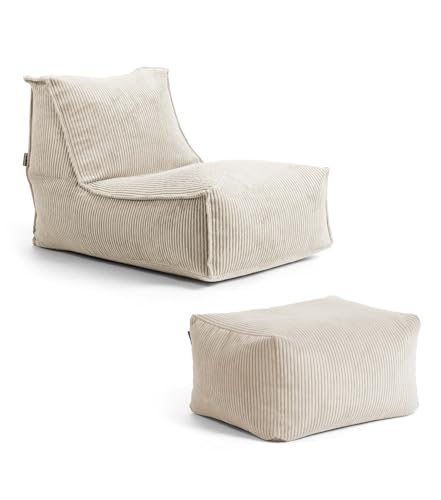 mokebo Sitzsack mit Hocker aus Cord 'Der Gelassene', Bean Bag, Relaxliege oder Bodenkissen mit EPS-Perlen Füllung, kuschelige und gemütliche Liege für Wohnzimmer und Wintergarten in Beige von mokebo