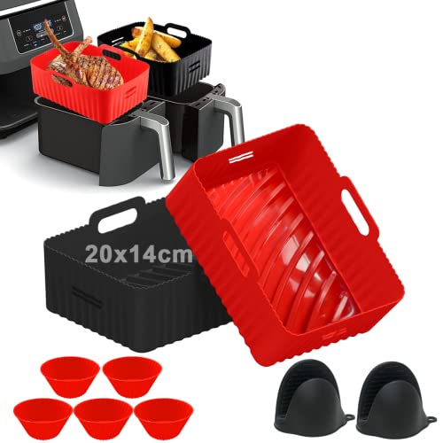 moleath 2pcs Dual Zone Silikonform für Heißluftfritteuse, 20x14 cm Rechteckig Airfryer Silikon Backform Kompatibel für Ninja Foodi AF300EU,LLIVEKIT 9L, PARIS RHÔNE 9,5L Airfryer Zubehör (Schwarz+Rot) von moleath