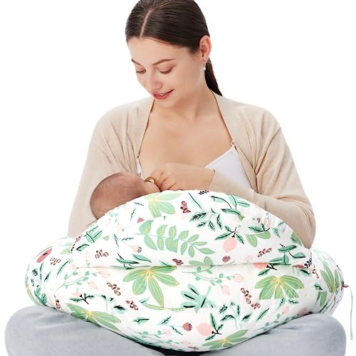 momcozy Stillkissen Groß mit Sicherheitsumrandung – Ergonomisches Still- und Lagerungskissen mit verstellbarem Gurt & abnehmbarem Baumwollbezug,Plante und Wald von momcozy