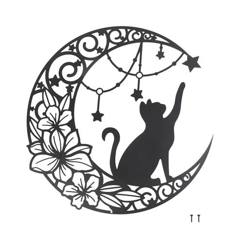 30cm Metall Wandkunst Wanddekoration Silhouette Kunst (Katze pflückt Sterne auf dem Mond), Schwarz Wanddeko Hängende, Moderne Wall Art Ausschnitt Wandschmuck für Innen Außen Garten Haus Dekoration von momgyaamz