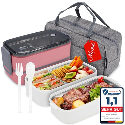 Premium Lunchbox Erwachsene und Kinder inkl. Tragetasche und Besteck Bento box Edelstahl Brotdose Kinder mit Fächern Brotdose Erwachsene Kindergarten Lunch box Jausenbox Brotdosen Bananenbox (Rosa) von momii