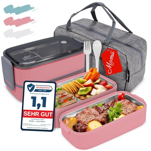 Premium Lunchbox Erwachsene und Kinder inkl. Tragetasche und Besteck Bento box Edelstahl Brotdose Kinder mit Fächern Brotdose Erwachsene Kindergarten Lunch box Jausenbox Brotdosen Bananenbox (Rosa) von momii